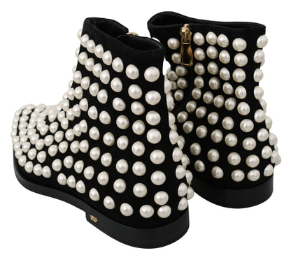 Chaussures bottes à clous en daim noir avec perles