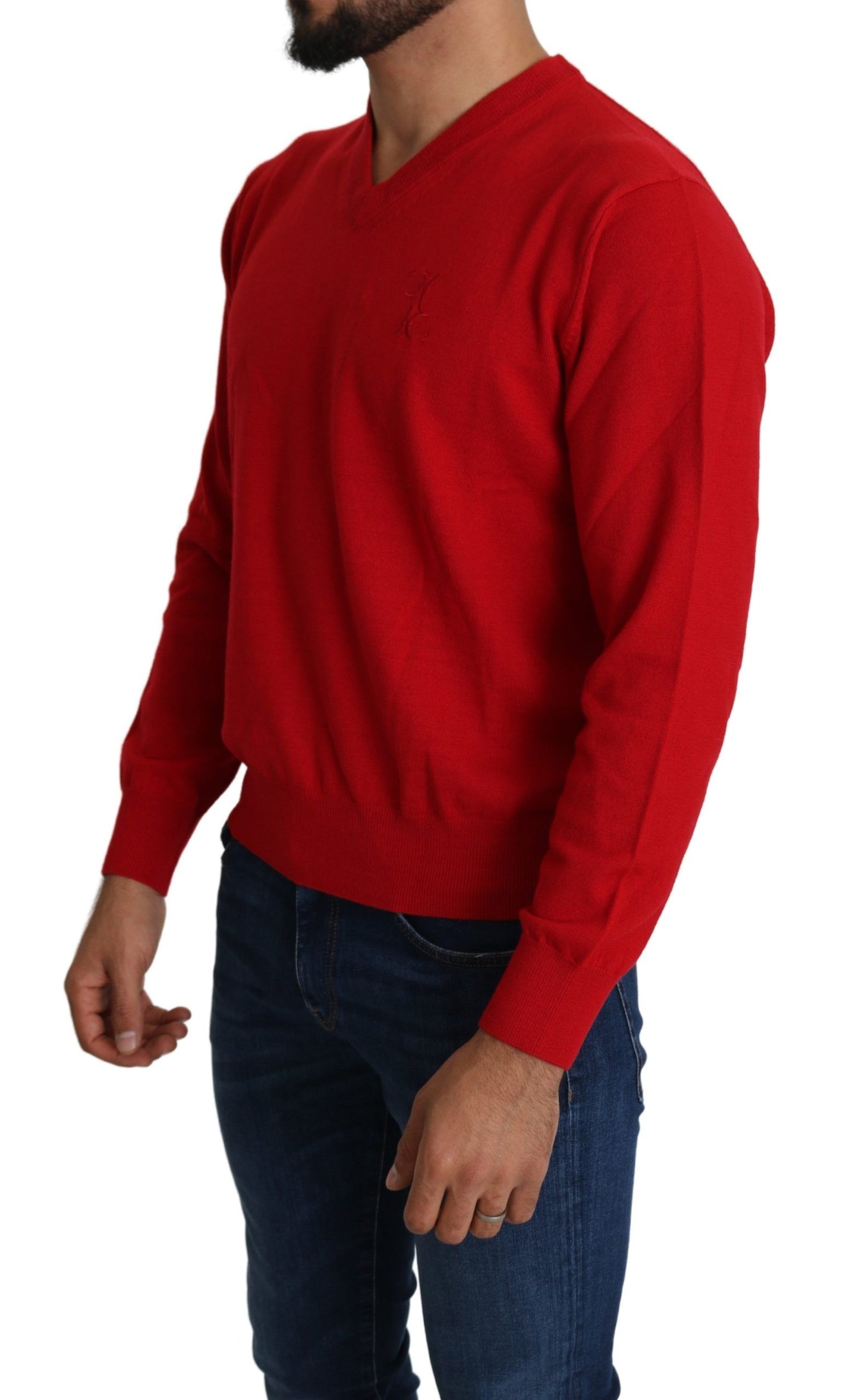 Roter Woll-Sweatshirt-Pullover mit V-Ausschnitt