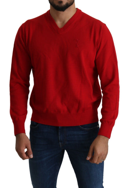 Maglione pullover in felpa di lana con scollo a V rosso