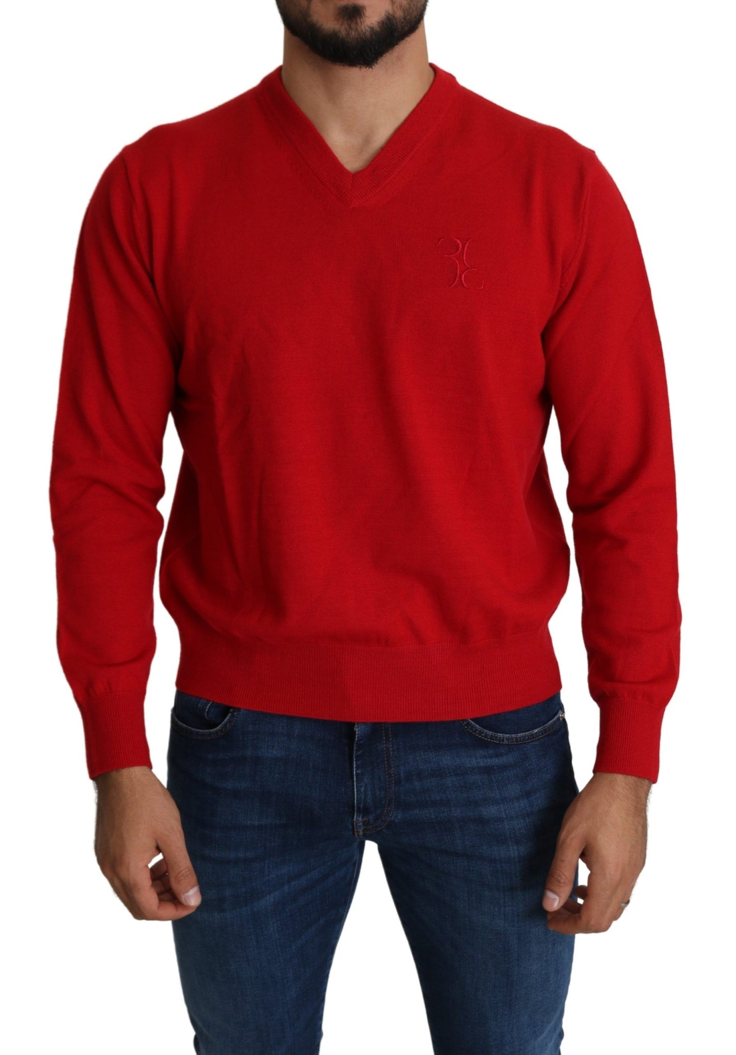 Roter Woll-Sweatshirt-Pullover mit V-Ausschnitt