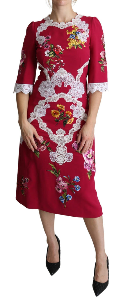 Robe fourreau mi-longue rouge brodée de fleurs