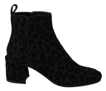 Schwarze Leoparden-Kurzstiefel mit Reißverschluss