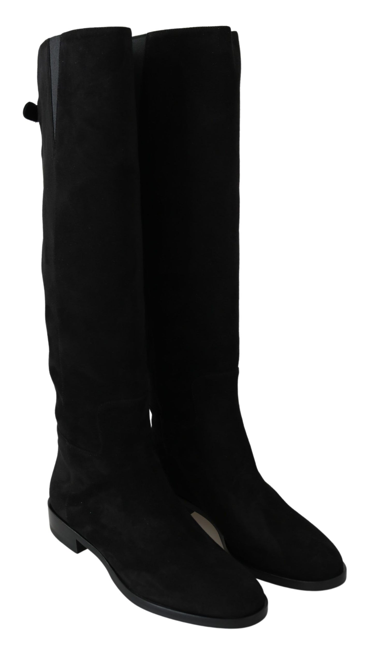 Schwarze kniehohe flache Stiefel aus Wildleder