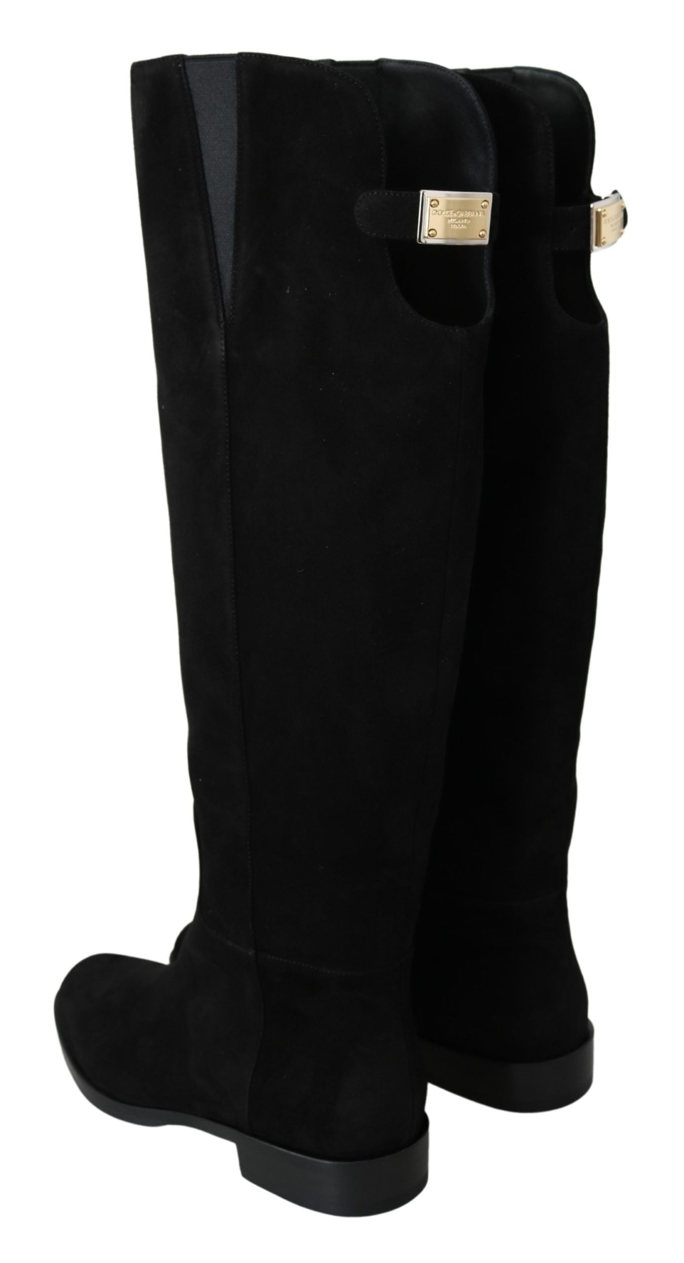 Schwarze kniehohe flache Stiefel aus Wildleder