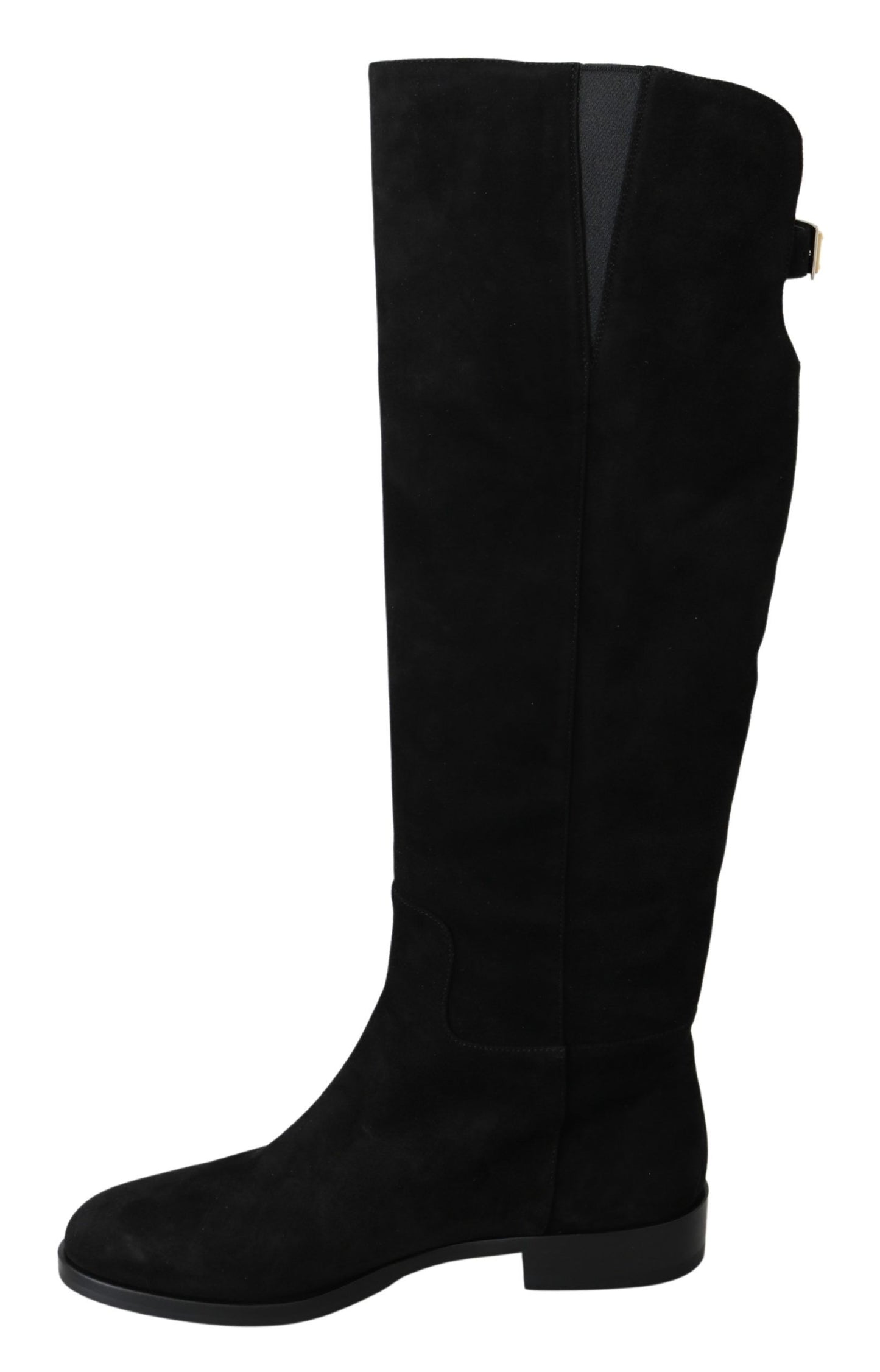 Schwarze kniehohe flache Stiefel aus Wildleder