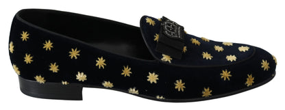 Chaussures mocassins pantoufles couronne en velours bleu