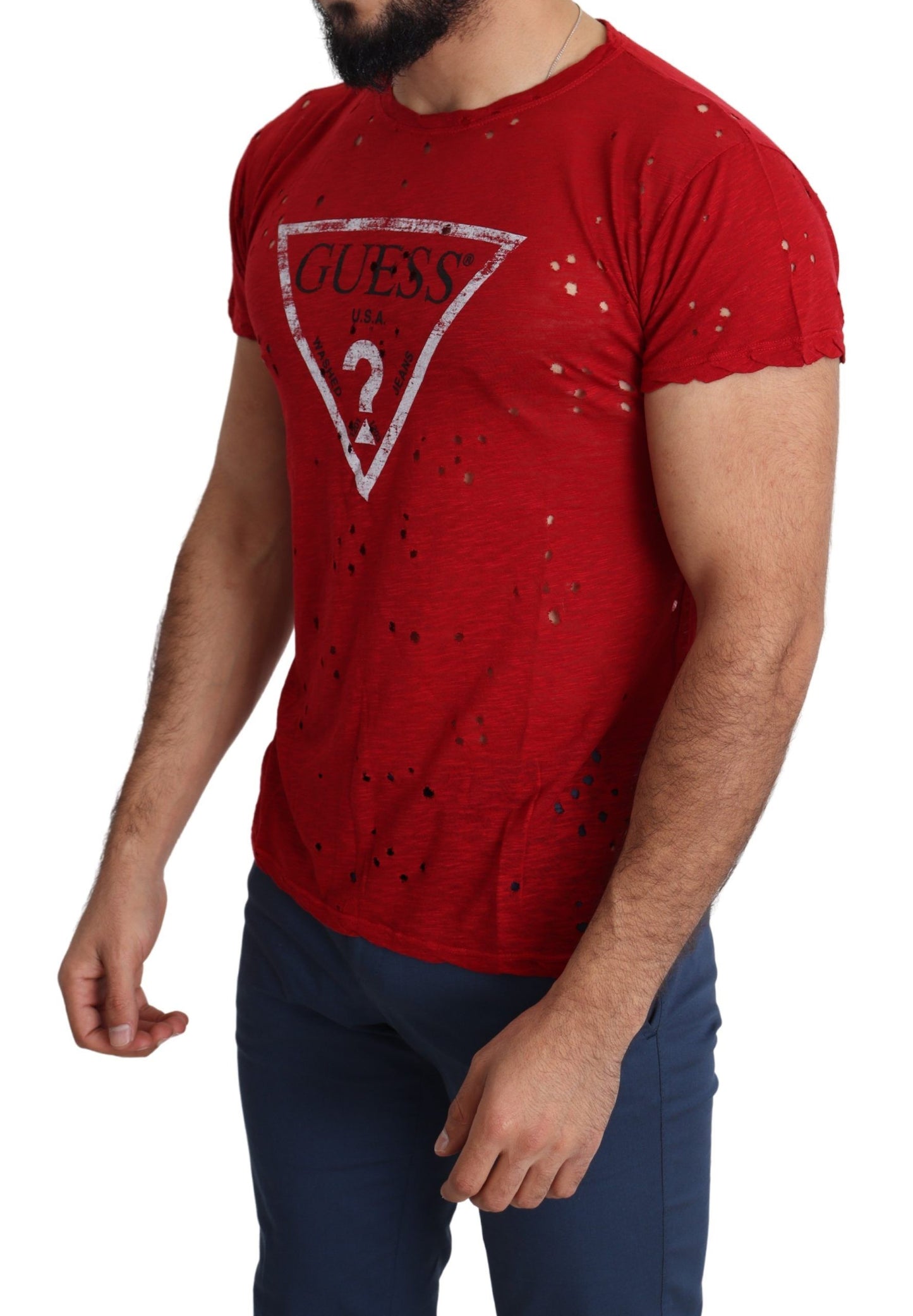 Rotes, perforiertes T-Shirt aus Baumwolle mit Logo-Print für Herren