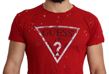 Rotes, perforiertes T-Shirt aus Baumwolle mit Logo-Print für Herren