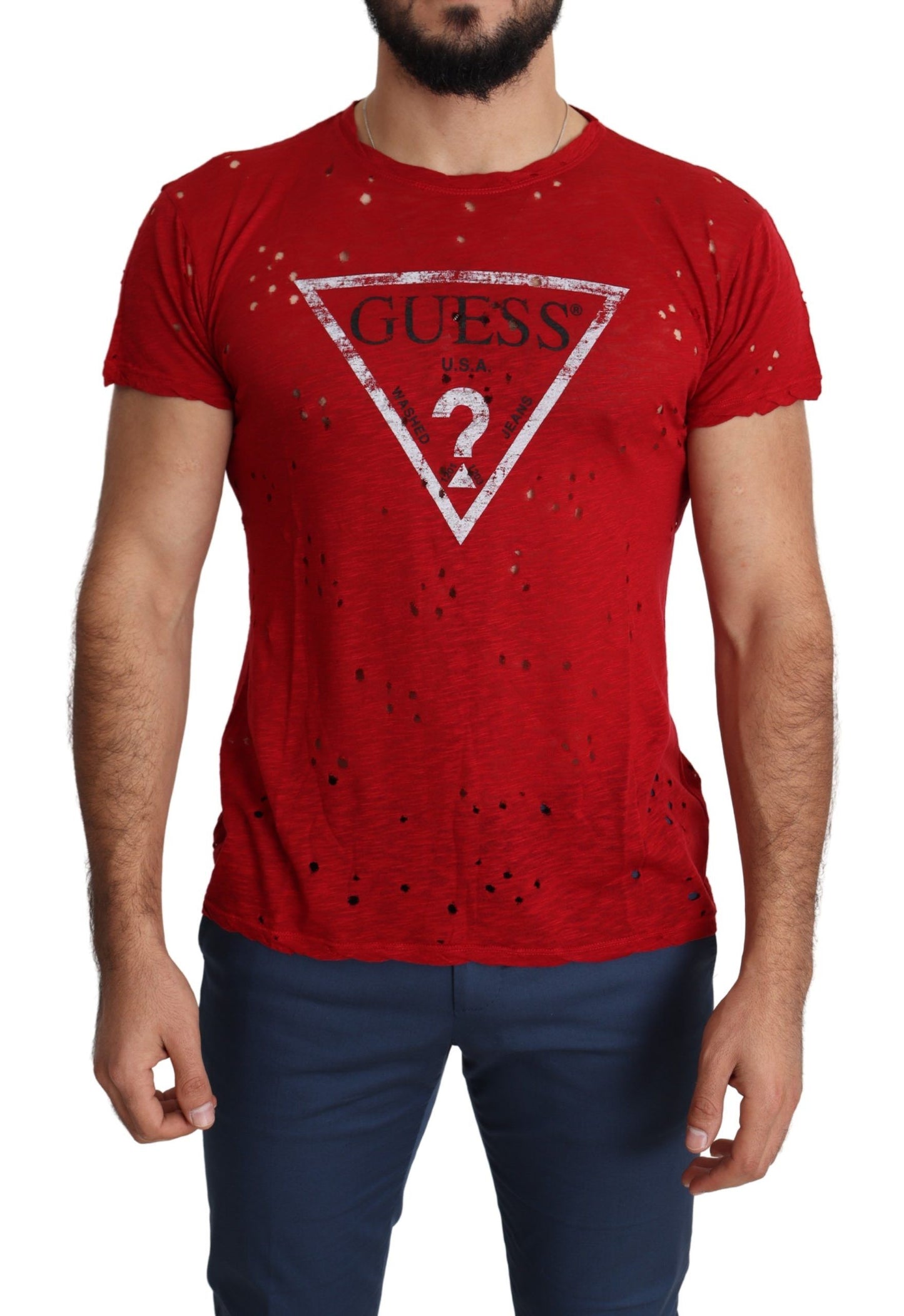 Rotes, perforiertes T-Shirt aus Baumwolle mit Logo-Print für Herren