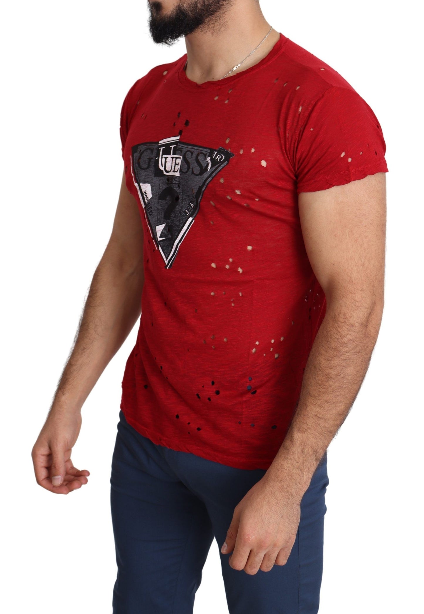 T-shirt traforata casual da uomo con stampa logo in cotone rosso