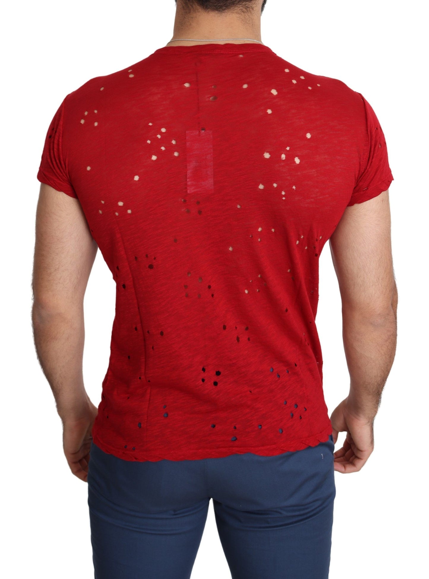 T-shirt traforata casual da uomo con stampa logo in cotone rosso