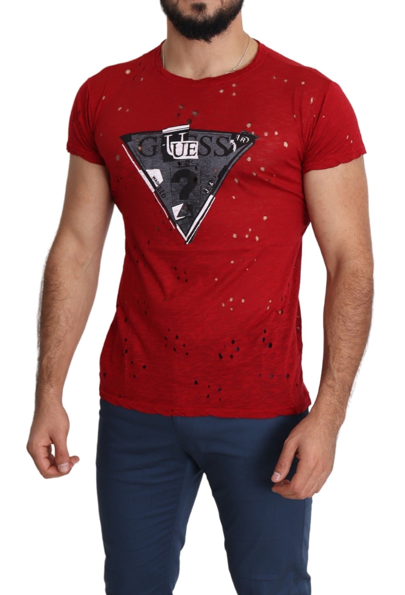 T-shirt traforata casual da uomo con stampa logo in cotone rosso