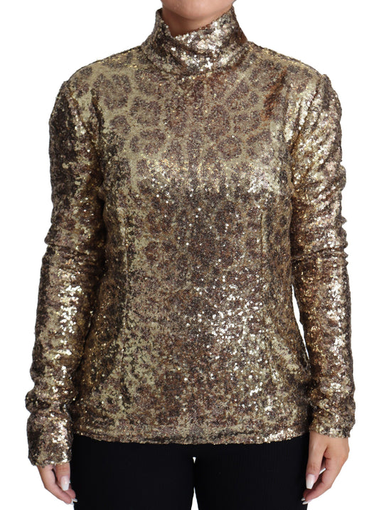 Pull marron à sequins et col roulé, coupe léopard