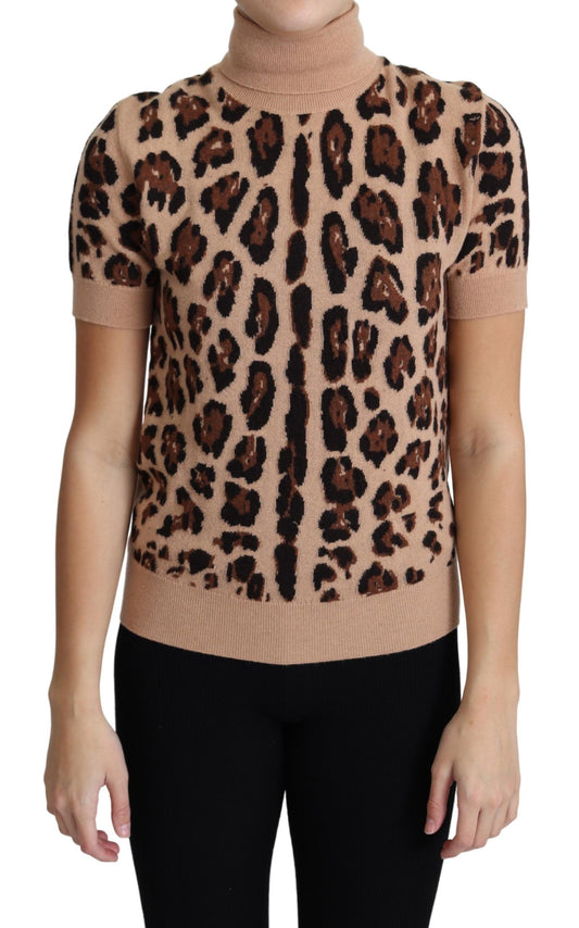 Top dolcevita in lana vergine con stampa leopardata beige