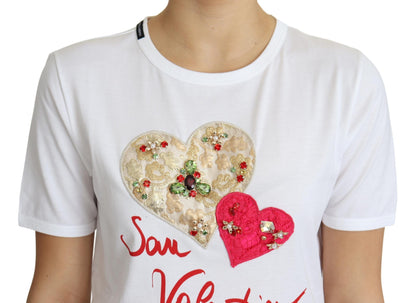 T-shirt bianca con cristalli a cuore San Valentino