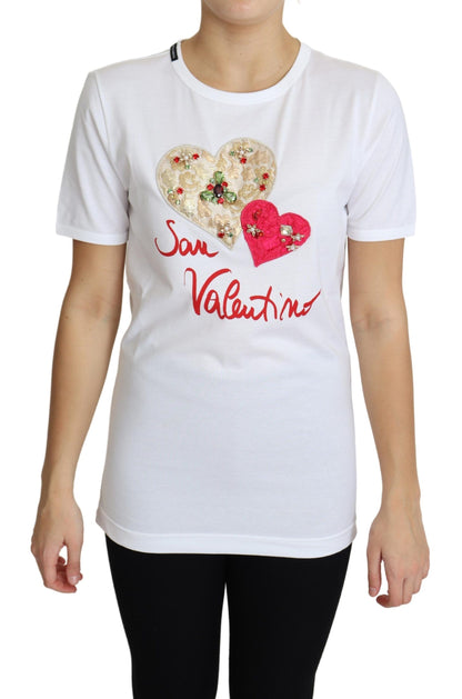 Weißes T-Shirt-Oberteil mit Herzkristallen von San Valentino