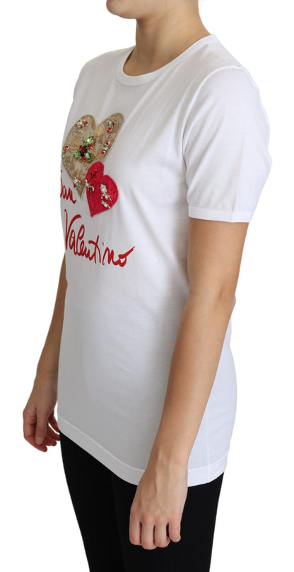 T-shirt bianca con cristalli a cuore San Valentino