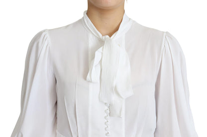 Weiße Bluse mit Ascot-Kragen und Laternenärmeln