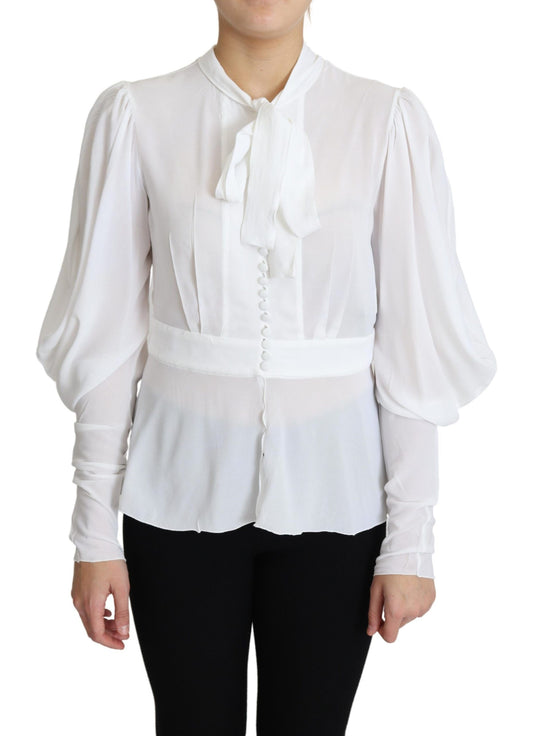 Weiße Bluse mit Ascot-Kragen und Laternenärmeln