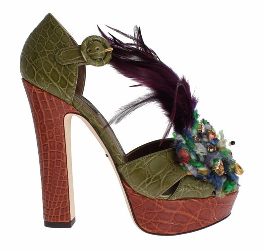 Scarpe sandalo con plateau in cristallo in pelle verde