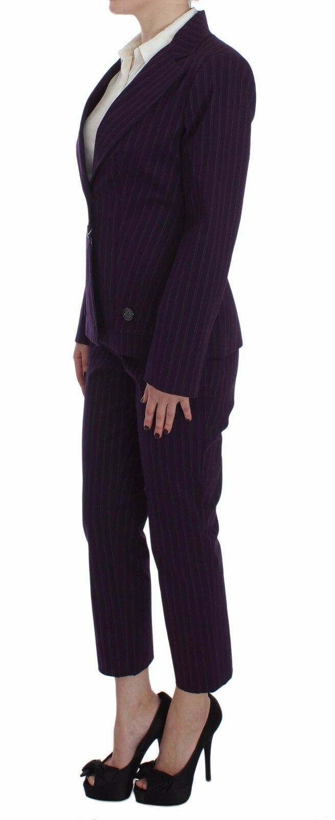 Completo di pantaloni blazer con cappotto elasticizzato a righe viola