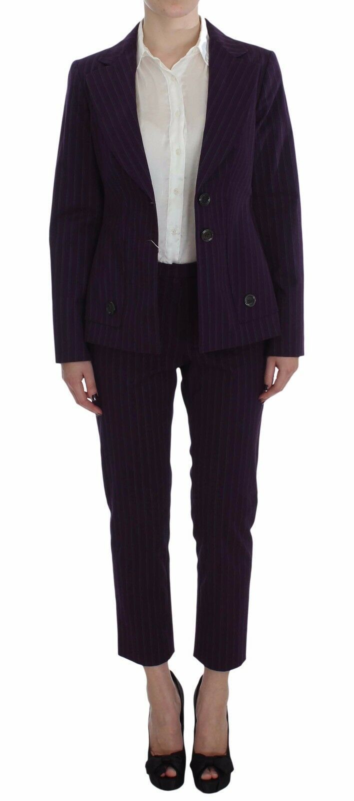 Completo di pantaloni blazer con cappotto elasticizzato a righe viola