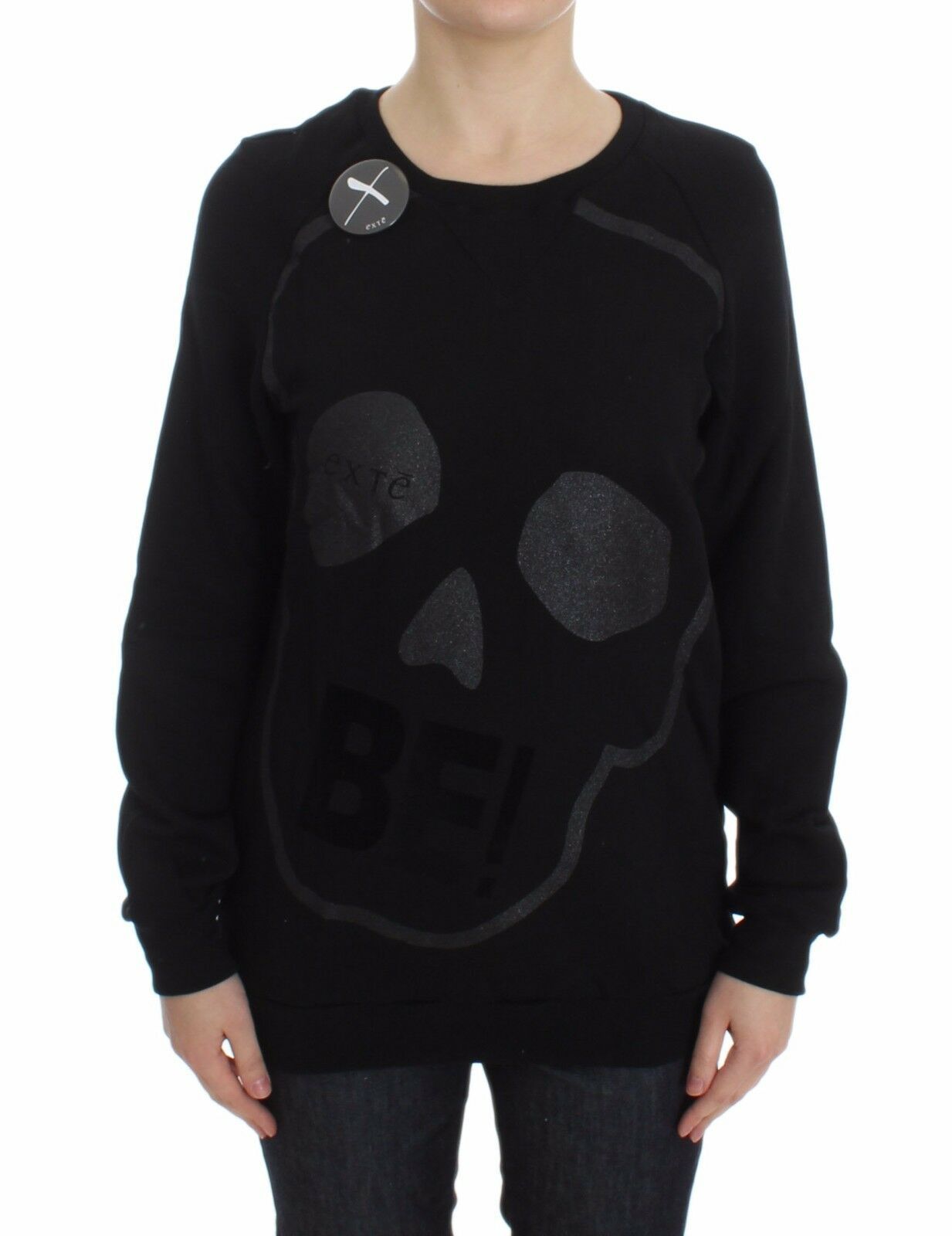 Exte Chic Skull Motif Crew-Neck Cotton Sweater