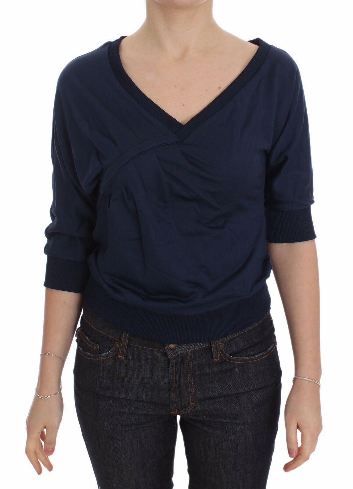 Maglione da donna con scollo a V profondo in cotone blu 