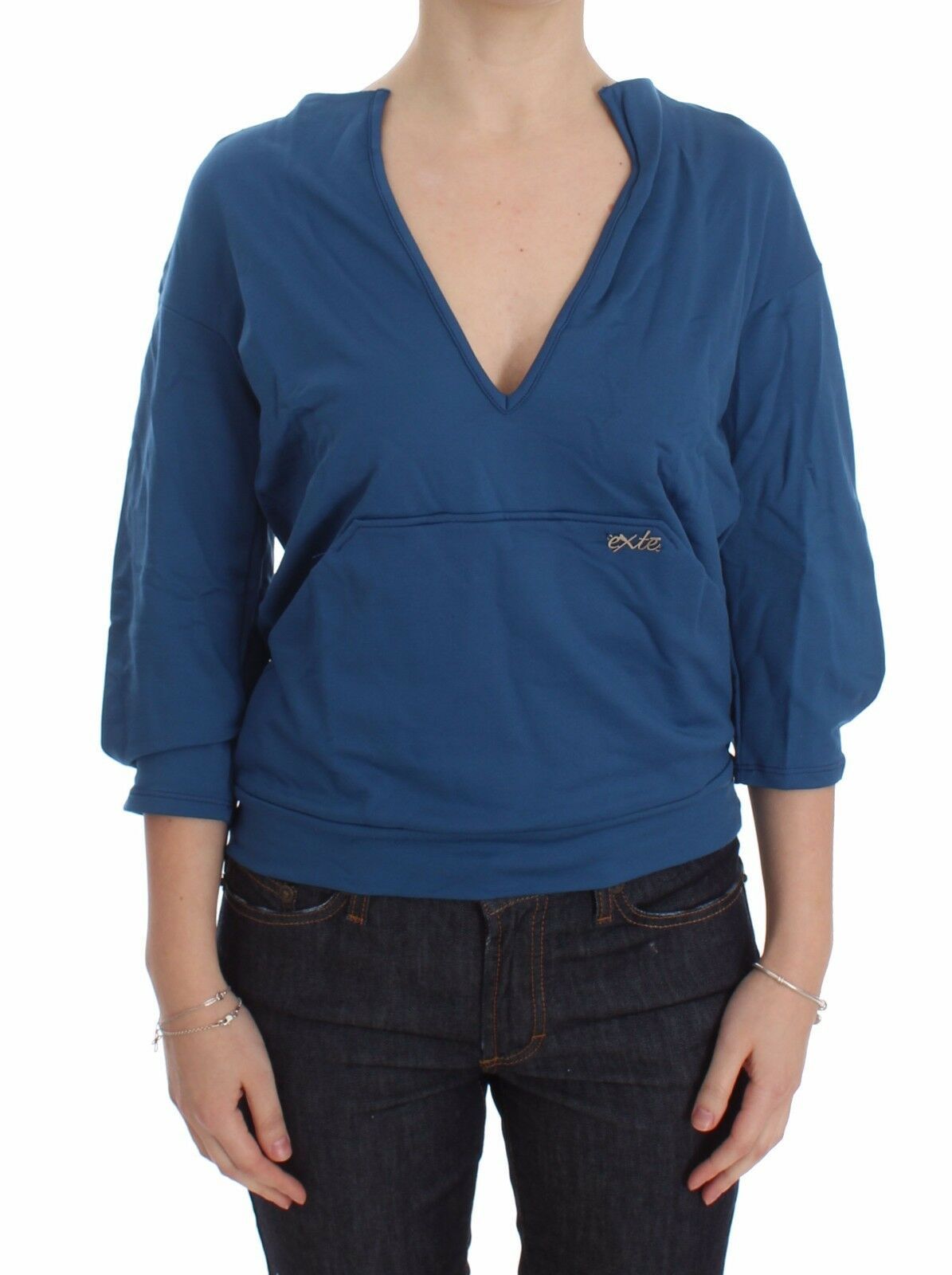 Maglione da donna con scollo a V profondo in cotone blu