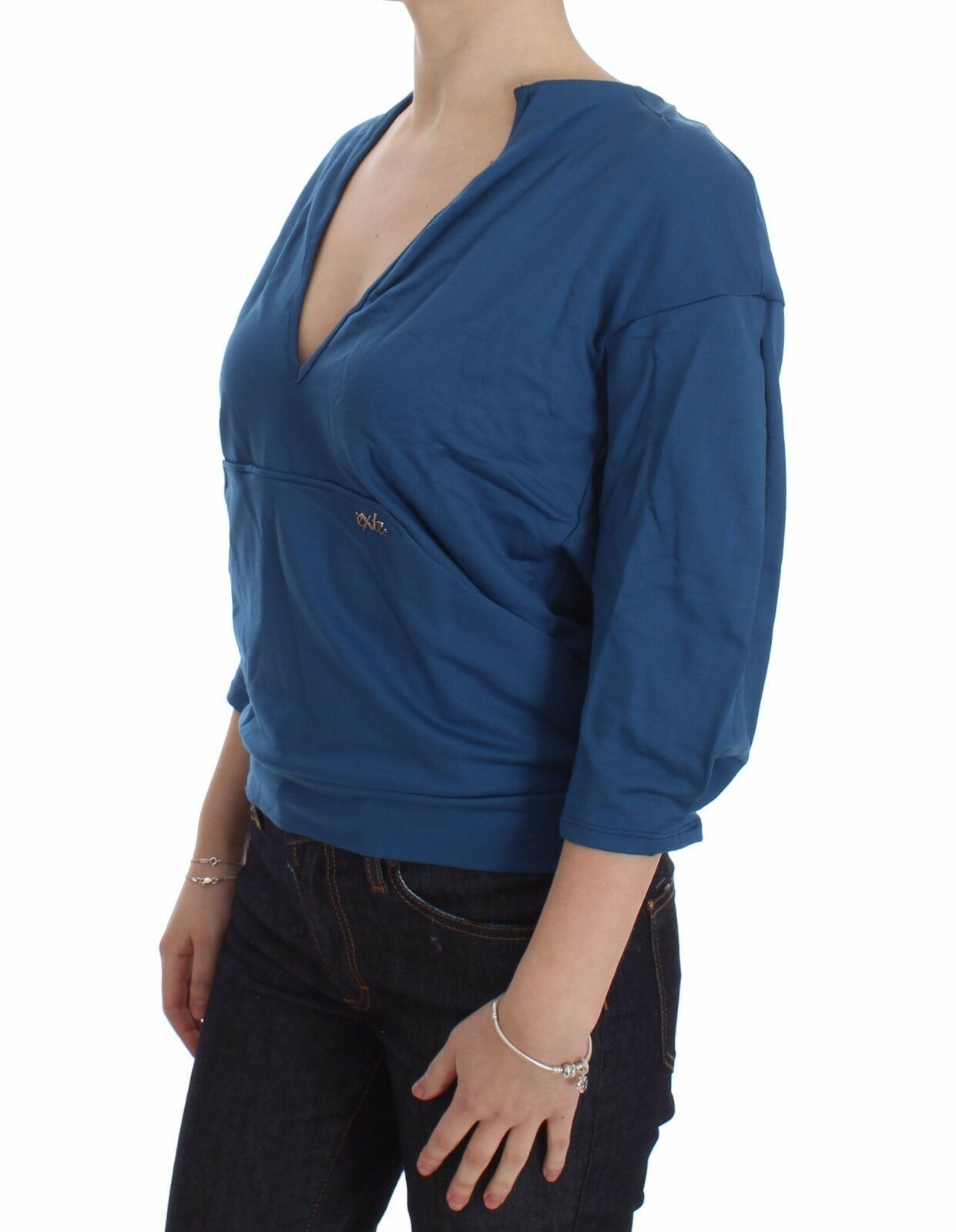 Maglione da donna con scollo a V profondo in cotone blu