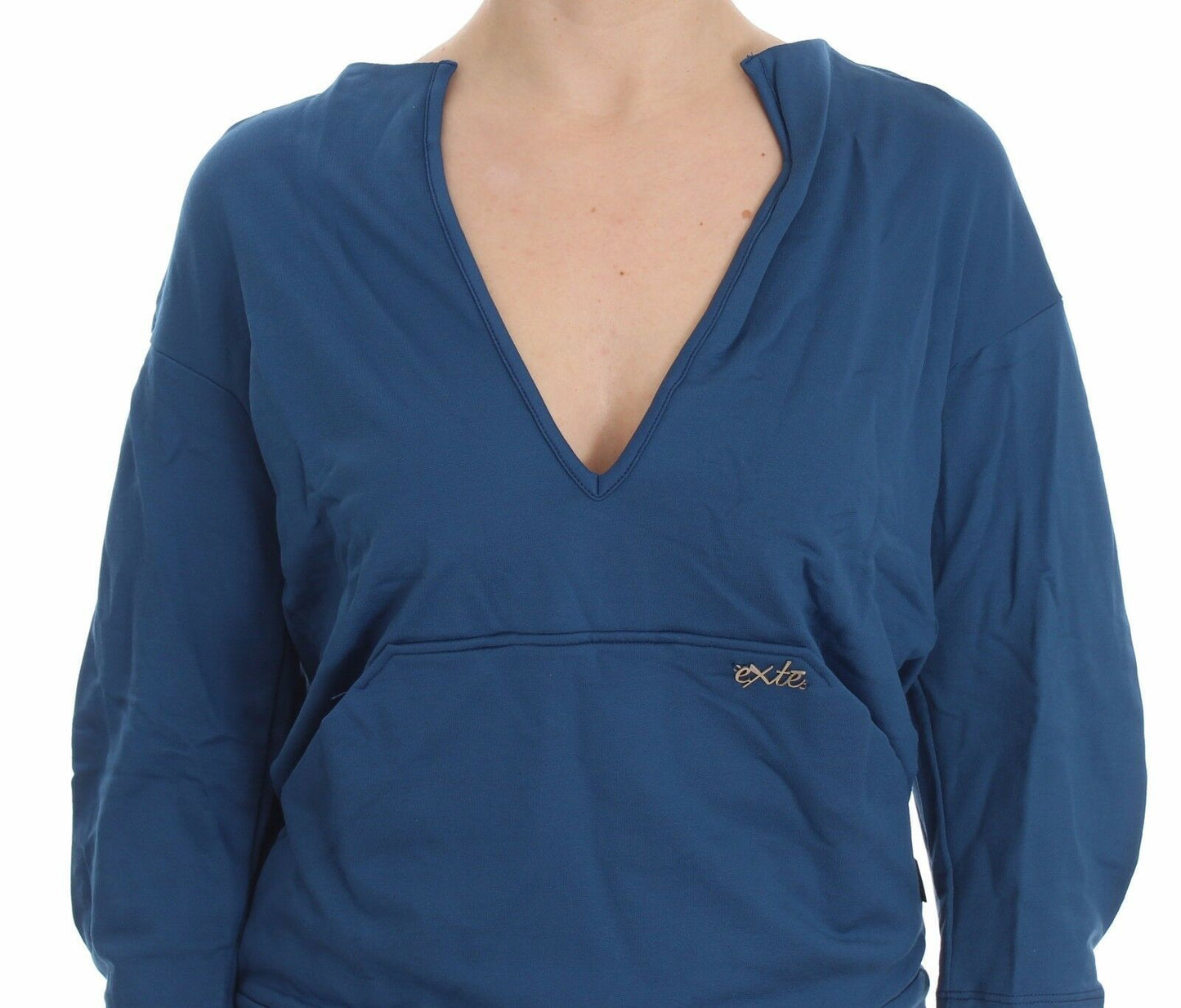 Blauer Baumwollpullover mit tiefem V-Ausschnitt für Damen