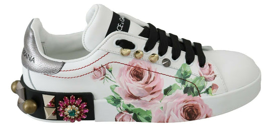 Chaussures de baskets florales en cuir blanc avec roses en cristal