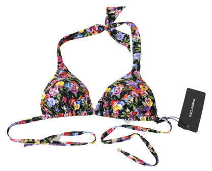 Top bikini da spiaggia con stampa floreale nera