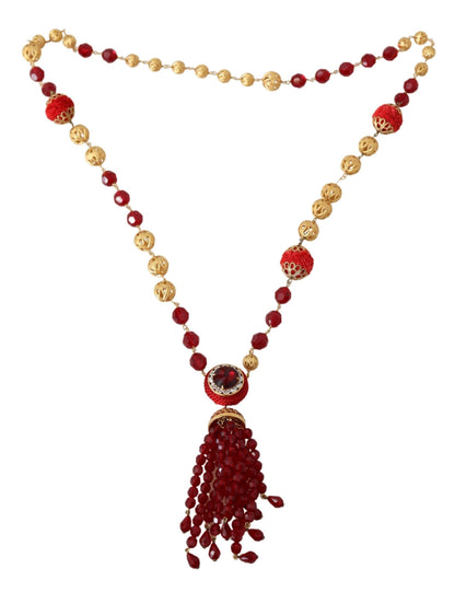 Collier chaîne opéra en laiton doré avec pendentif en cristaux rouges