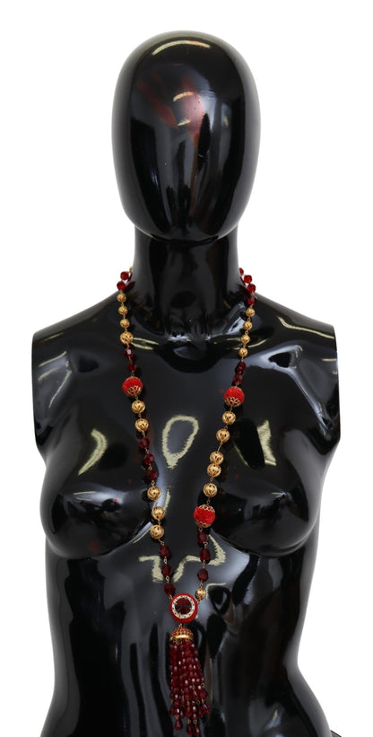 Collier chaîne opéra en laiton doré avec pendentif en cristaux rouges