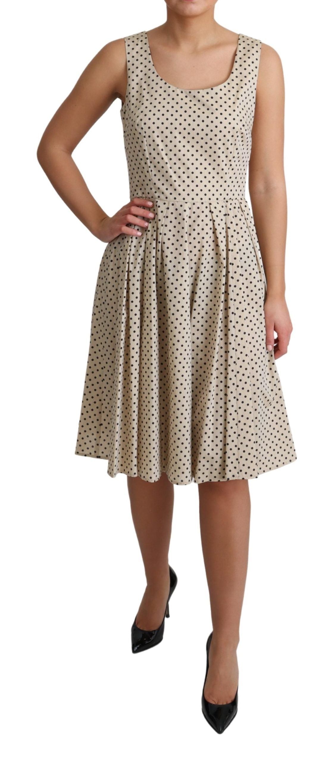 Beige gepunktetes A-Linien-Kleid aus Baumwolle