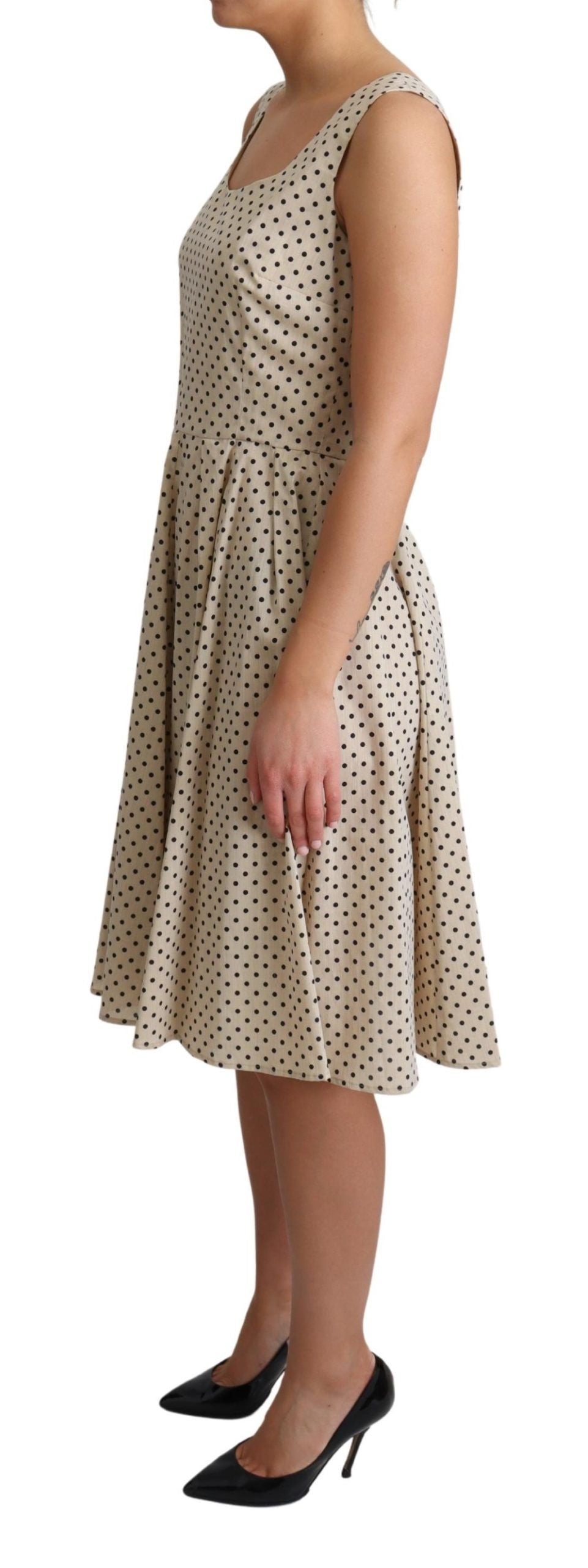 Beige gepunktetes A-Linien-Kleid aus Baumwolle