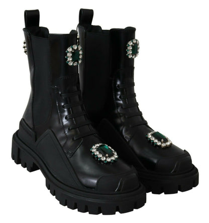 Schwarze Leder-Kristall-Kampfstiefel