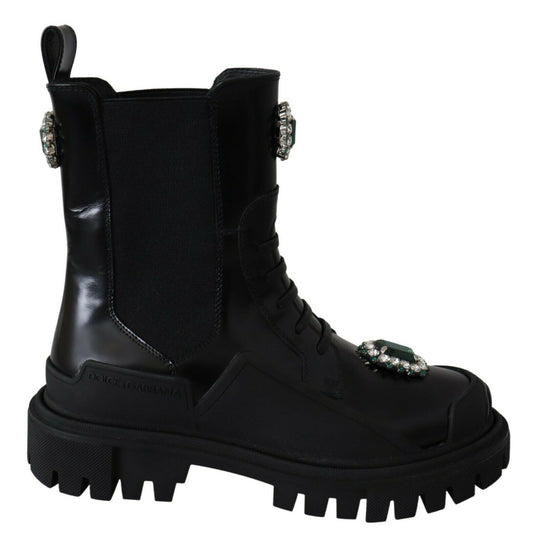 Bottes de combat en cuir noir avec cristaux