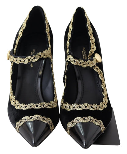 Schwarze Mary Janes-Pumps aus Samt und Gold