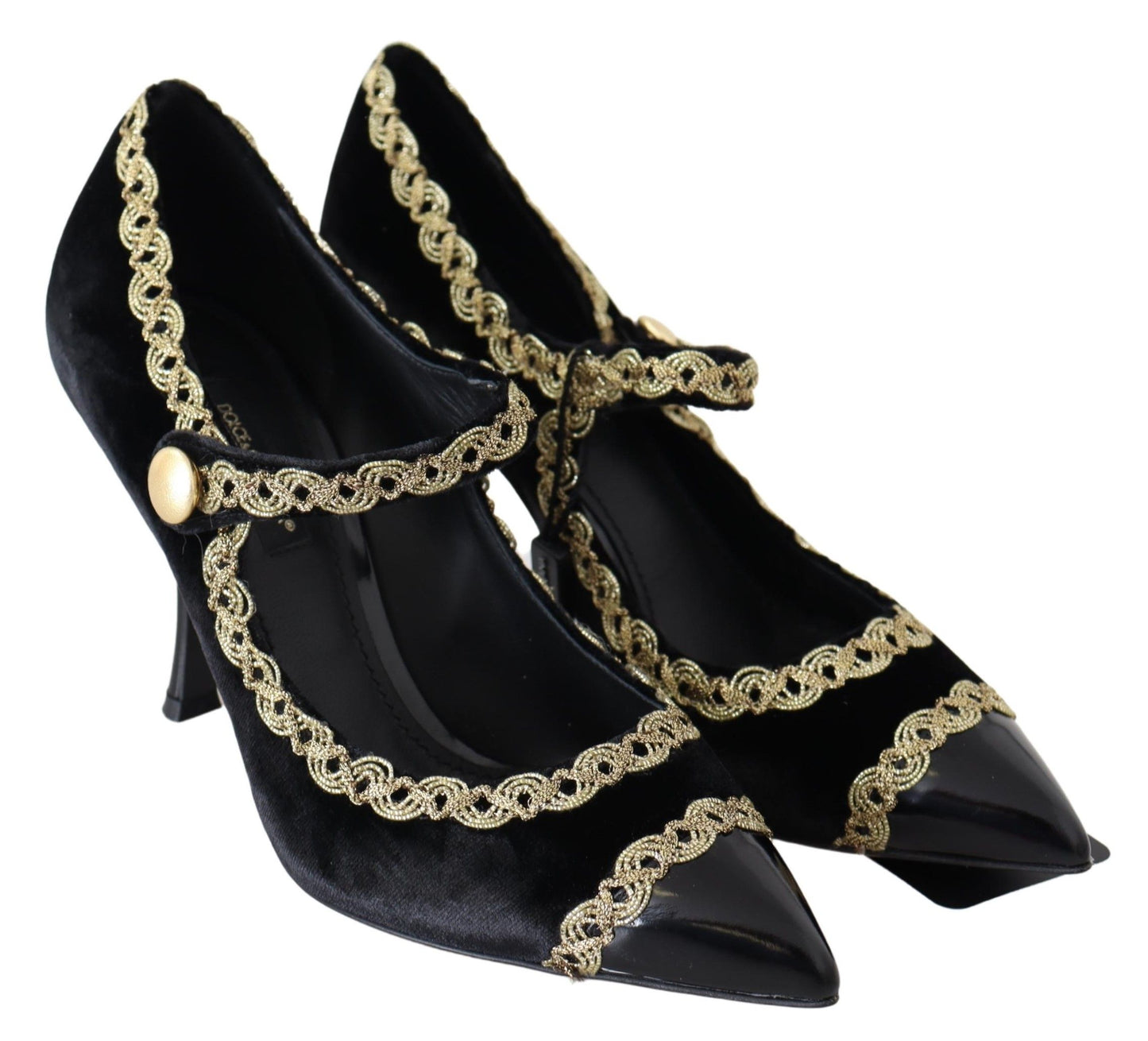 Schwarze Mary Janes-Pumps aus Samt und Gold