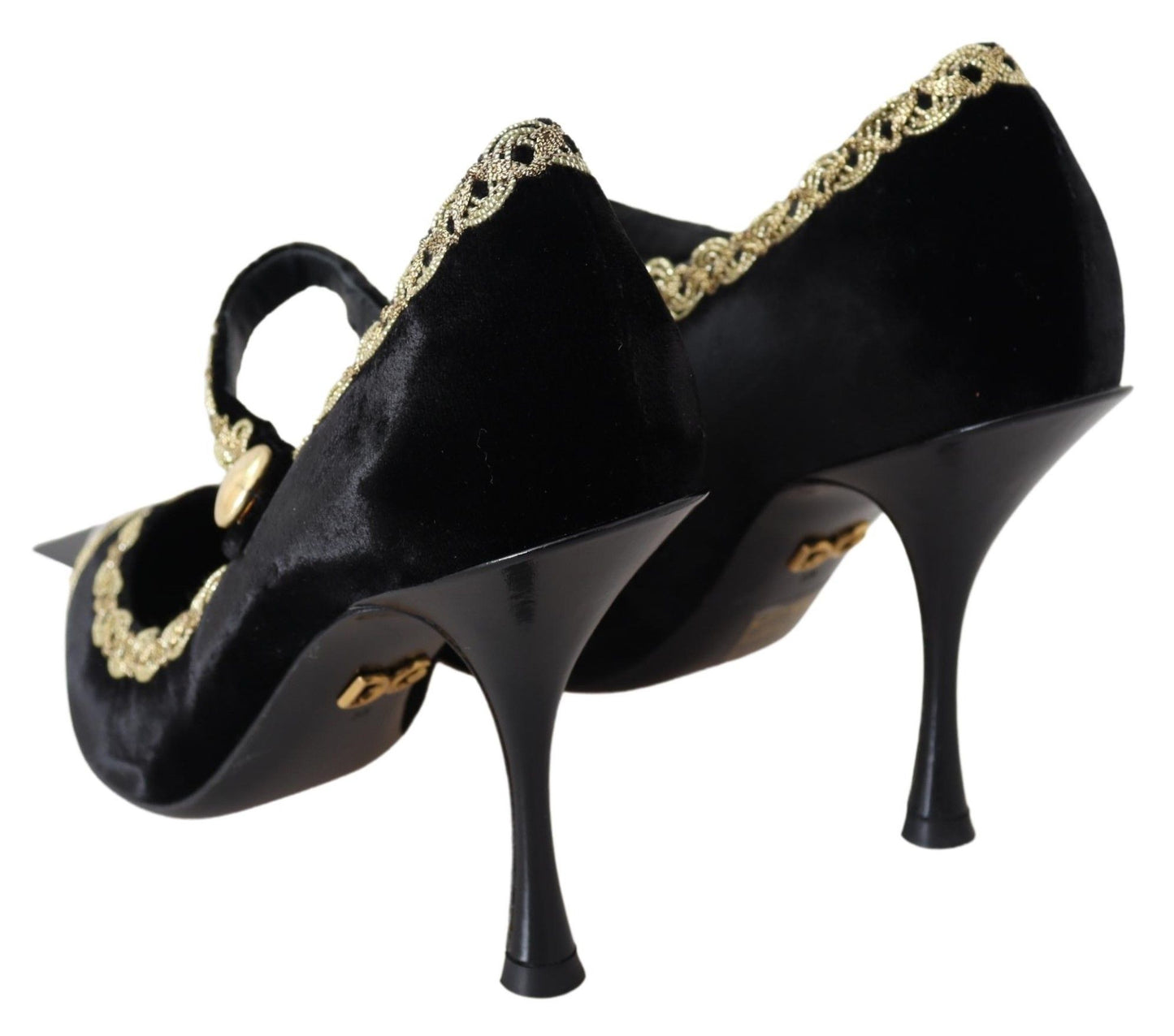 Schwarze Mary Janes-Pumps aus Samt und Gold