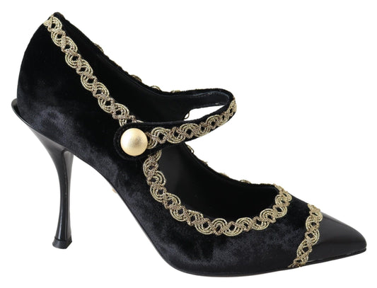 Schwarze Mary Janes-Pumps aus Samt und Gold