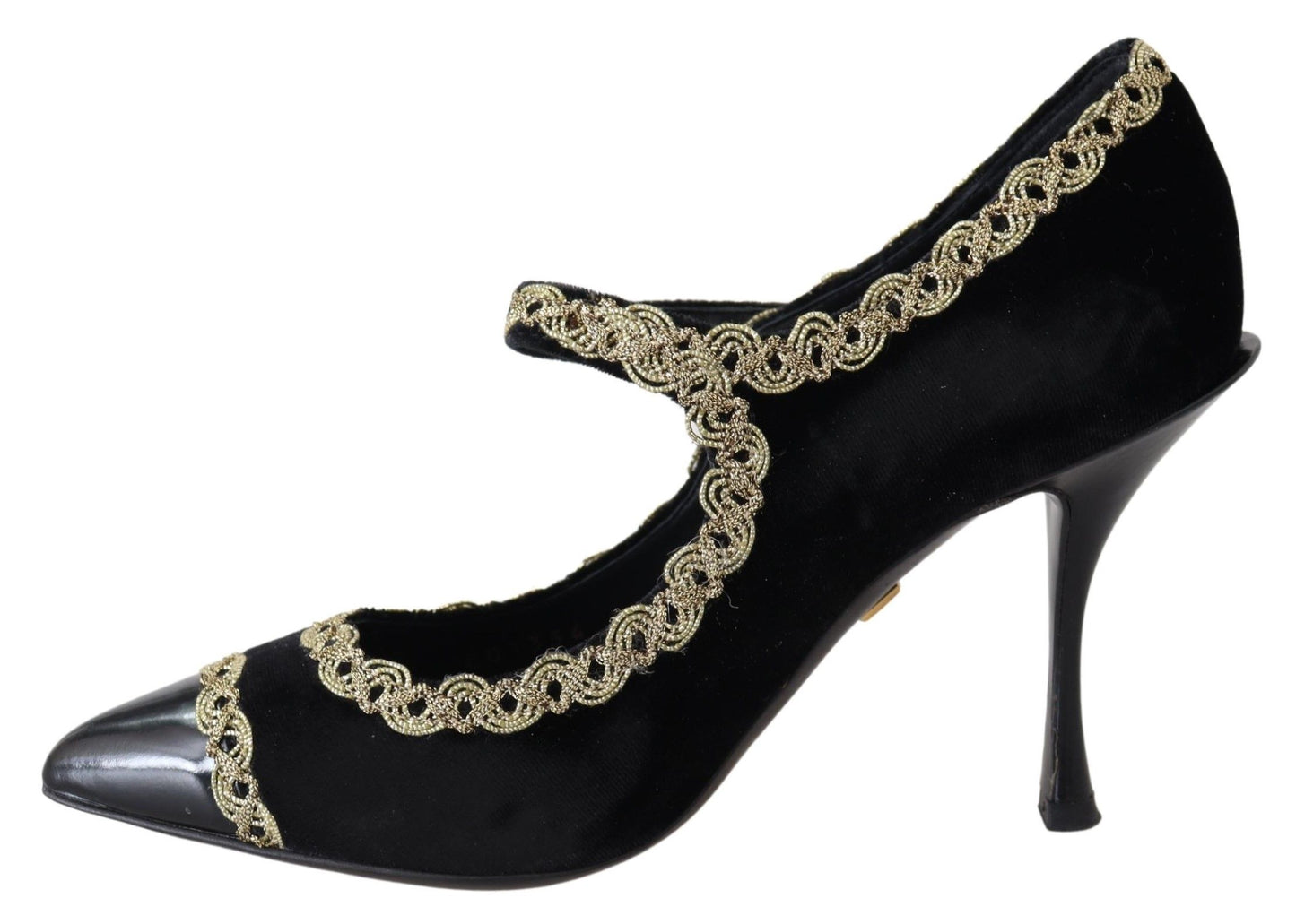 Schwarze Mary Janes-Pumps aus Samt und Gold