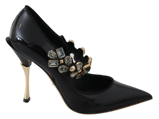 Schwarze Mary-Jane-Pumps aus Leder mit Kristallen