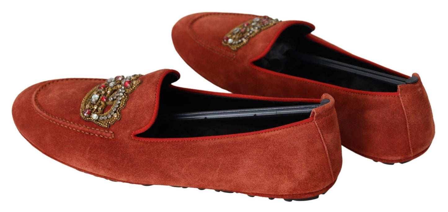 Mocassins en cuir orange avec couronne en cristal