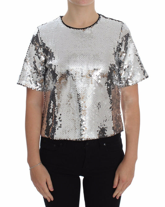 Top t-shirt camicetta girocollo con paillettes argento