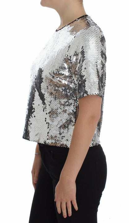 Top t-shirt camicetta girocollo con paillettes argento