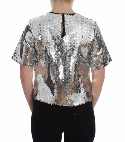 Top t-shirt camicetta girocollo con paillettes argento