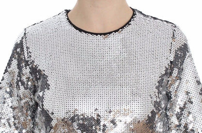 Top t-shirt camicetta girocollo con paillettes argento